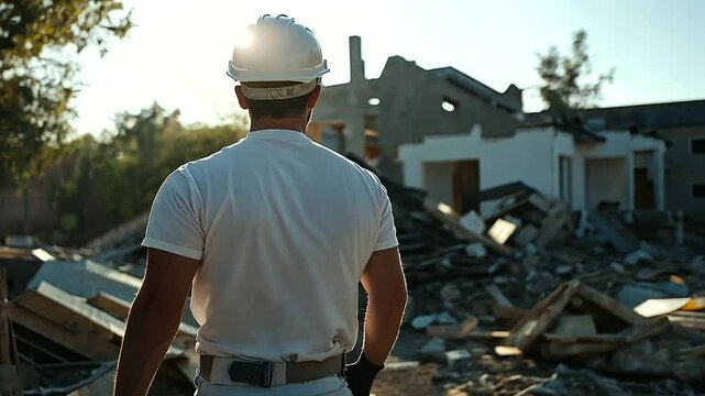 The insurance agent takes photos of a house with significant roof damage caused by a hurricane