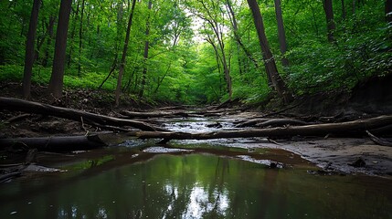 A peaceful river winding through a dense forest, with fallen logs and rocks creating small rapids