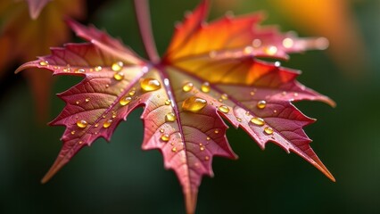 Obraz premium Macro Shot of a Red Leaf with Water Droplets