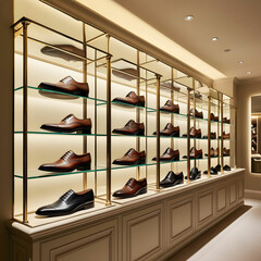 Glass shelves with man's shoes in a shop, focus on shoes