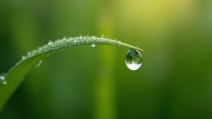 Morning Dew Drop on Grass Blade in Soft Sunlight

