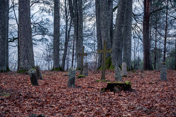 old graves with crooked crosses and monuments in Latvia forest cemetery. Autumn leaves.