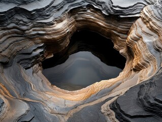 A captivating view of a dark, circular hole surrounded by intricately layered rock formations, reflecting a serene pool of water at its center.