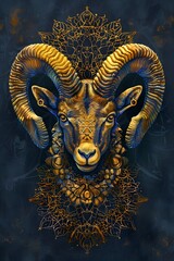 Ornate and Mystical Digital Painting of an Aries Ram s Head with Intricate Geometric Designs and Dramatic Golden Tones Against a Shadowy Midnight