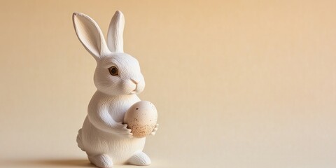 Obraz premium single ceramic bunny figurine holding egg on neutral beige solid background
