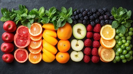 A colorful arrangement of various fruits and mint leaves on a dark surface.