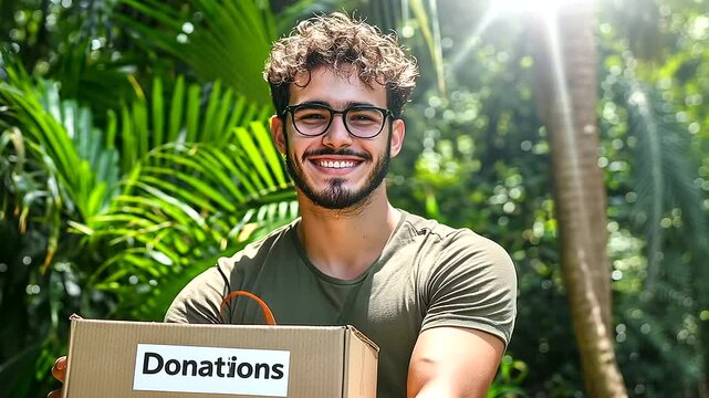 With a wide, genuine smile, the young man poses with his donation box in a sunlit park, the Donations label clearly visible amidst a background of lush greenery.