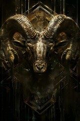 Striking Aries Ram s Head Sculpture with Powerful Chiaroscuro and Symbolic Geometric Elements
