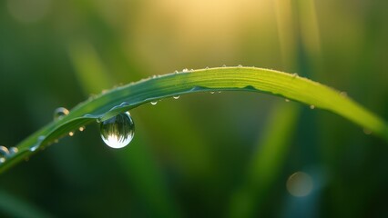 Morning Dew Drop on Grass Blade in Soft Sunlight

