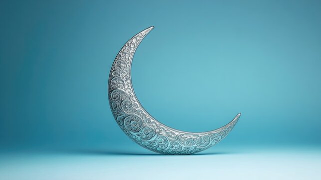 single silver crescent moon with intricate detailing placed on pastel blue gradient surface
