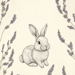 Obraz premium soft hand-sketched illustration of bunny surrounded by lavender sprigs on smooth light cream background