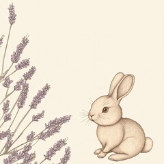 Obraz premium soft hand-sketched illustration of bunny surrounded by lavender sprigs on smooth light cream background