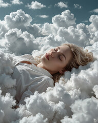 A woman is sleeping in the clouds with her eyes closed
