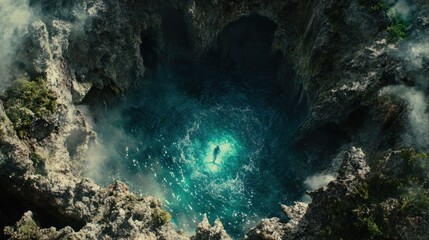 A lone figure swims in a deep, mysterious sinkhole.