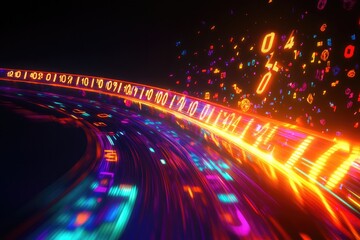 stock market ticker tape glowing brightly on dark background with numbers and symbols in vibrant motion