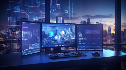 Fototapeta premium Multi-Monitor Setup with Futuristic Interface