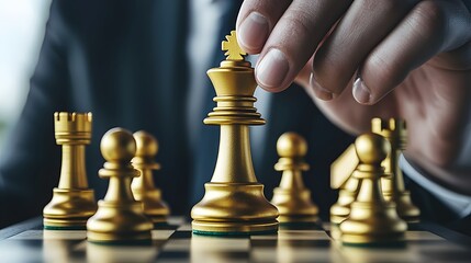 Close up view of a golden chess king piece being held by the hand of a businessperson showcasing a decisive move on a chessboard conveying the concept of strategy leadership