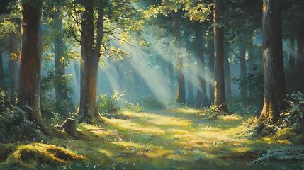 Obraz premium A peaceful woodland clearing with sunbeams filtering through the trees and a carpet of moss 