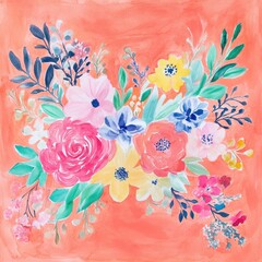 whimsical hand-painted floral arrangement in bright watercolor tones set on coral background