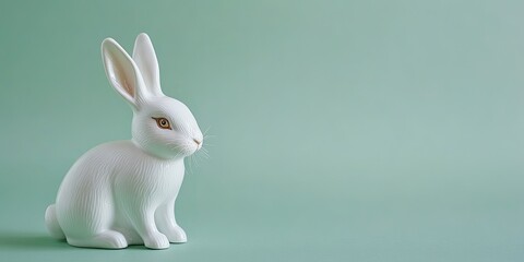 white ceramic bunny figurine sitting on pastel green solid background