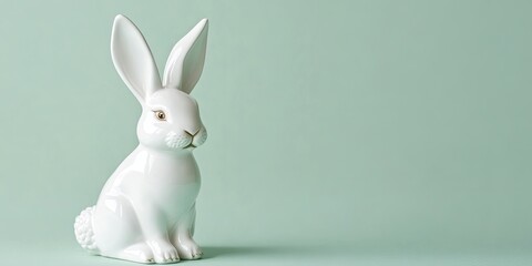 Obraz premium white ceramic bunny figurine sitting on pastel green solid background