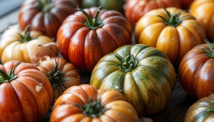 Colorful Heirloom Tomatoes on Rustic Wooden Surface