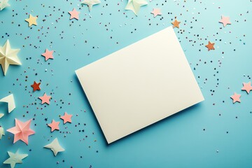 blank card lying flat on pastel blue gradient background with small star confetti scattered around