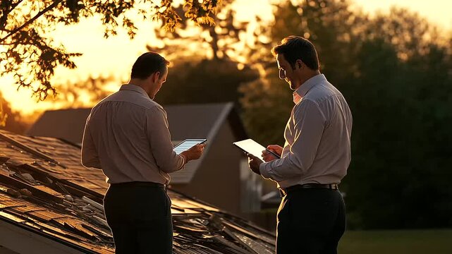 A collapsed roof and scattered debris are visible as an insurance agent and a homeowner discuss home owner policy details on a digital tablet in the golden light of the afternoon.