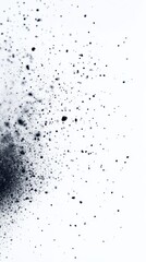 Obraz premium Small dark ink drops are creating a dynamic splash on a clean white background, forming an abstract pattern with varying sizes and densities, ideal for graphic design or artistic projects