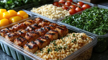 A vibrant display of fresh ingredients and grilled items for meal preparation.