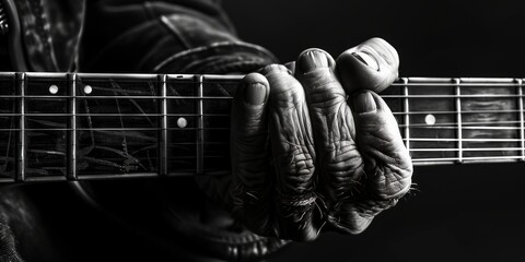 Monochrome close-up of a senior musician's wrinkled hand fretting a chord on an electric guitar, capturing the soul of blues music