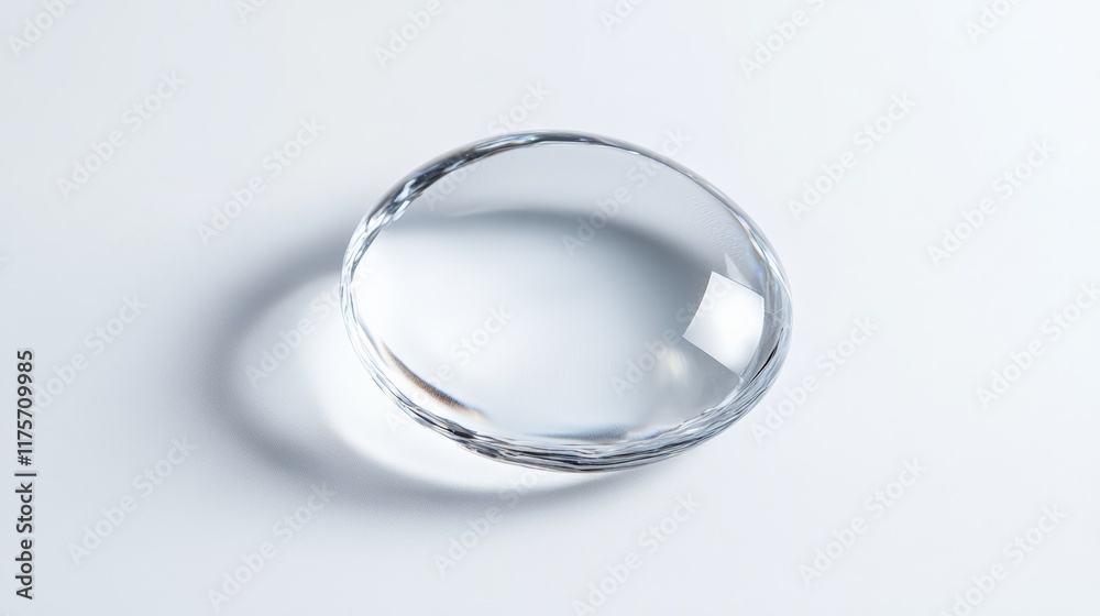 Poster Big, clear drop of water creating concentric ripples and magnifying the white surface beneath it, casting a distorted shadow and reflecting light, creating a mesmerizing visual effect