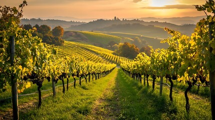 A picturesque vineyard with rows of grapevines stretching into the distance and rolling hills in the background