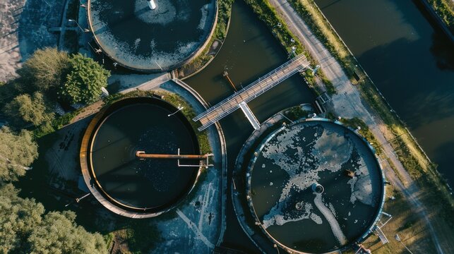 Aerial View of Water Treatment Plant: Wastewater purification circles, showcasing infrastructure for clean water. Environmental engineering marvel.