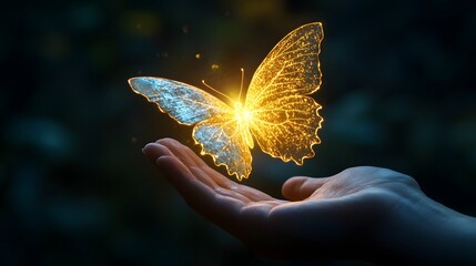 Hand catching a glowing golden butterfly in mid flight a surreal and ethereal fantasy nature concept full of wonder mystery and