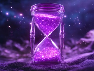 A glowing hourglass filled with sparkling purple sand, suspended in midair, creates magical atmosphere