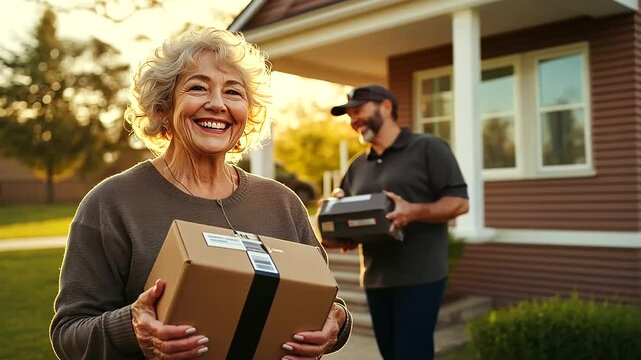 A happy older woman cradles a newly delivered package while standing on her doorstep, with a delivery man giving a courteous nod in the golden glow of the evening.