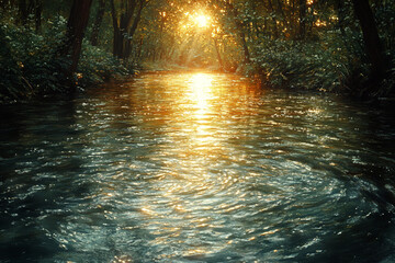 Fototapeta premium Golden Sunset Illuminates Forest River Flow