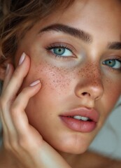 Freckles, blue eyes, and natural beauty in close-up portrait