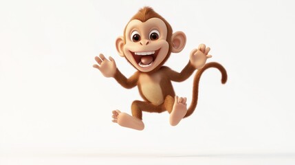 Happy cartoon monkey leaping joyfully against white background.