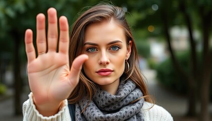 Woman outdoor stop gesture