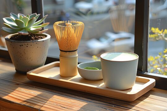 Matcha preparation includes a bamboo whisk, a bowl of matcha, and a cup placed on a wooden tray. Succulent plants are positioned beside the items, with sunlight illuminating the scene