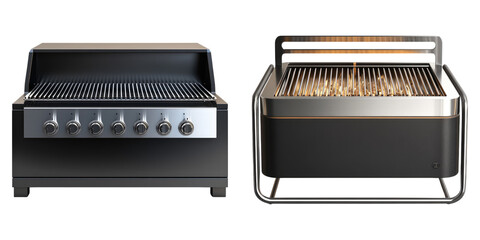 Elegant modern steel grilling system isolated on transparent background, Set of