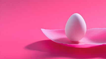 A white egg rests on a pink petal, forming a serene and artistic scene