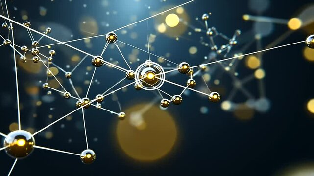 A network of shimmering golden molecules gracefully floating in a dark, glowing space, their connections forming intricate geometric patterns of nanotechnology.