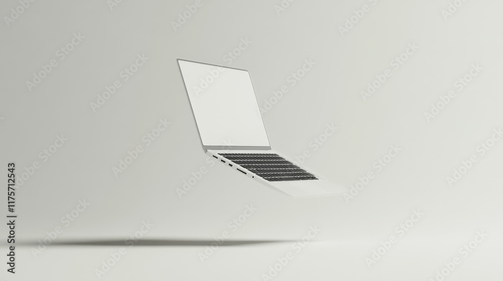 Poster sleek silver laptop with blank monitor floating in a minimalist white studio setting, ideal for show