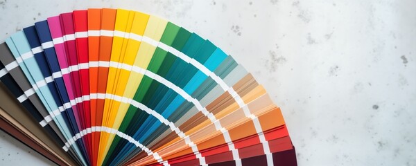 Obraz premium Colorful color palette fan displayed on white concrete wall. Graphic designer examines color swatches. Variety of hues available for design projects. Interior design selection in progress. Selection