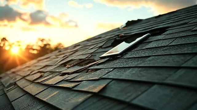 A roof partially caved in from a storm is framed by the sunlit sky as an insurance agent uses a digital tablet to explain next steps to a concerned homeowner.