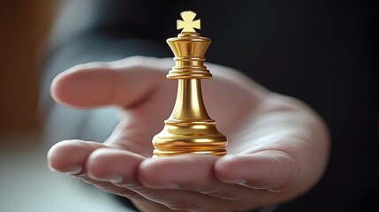 Close up of a professional s hand presenting a golden chess piece symbolizing a strategic victory from a low angle perspective  The image represents leadership competition success