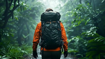 A lone hiker traverses a misty jungle mountain while carrying a professional rucksack that is shielded from the rain.